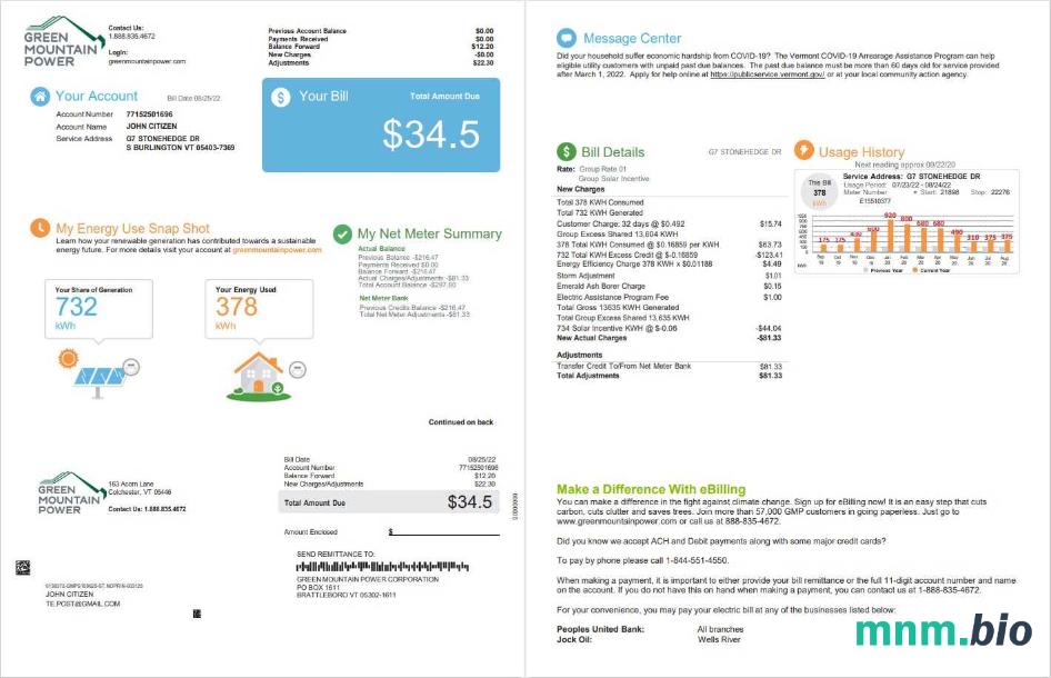 USA Vermont Green Mountain Power rachunek za media, Word i PDF template, 2 strony